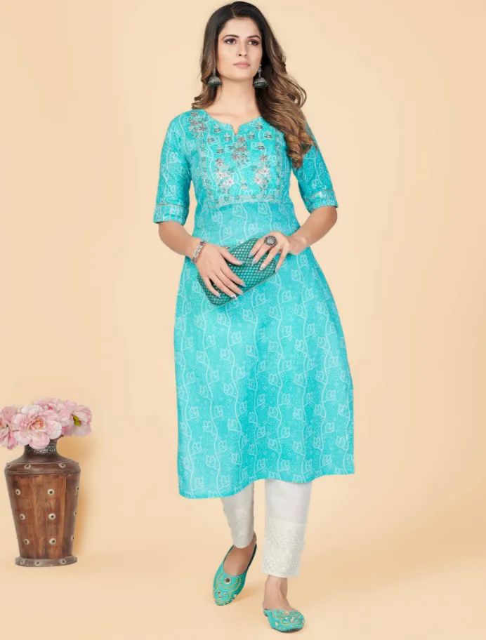 Women'S Printed & Embroidered Straight Cotton Sky Blue Stitched Kurta (1Pc)