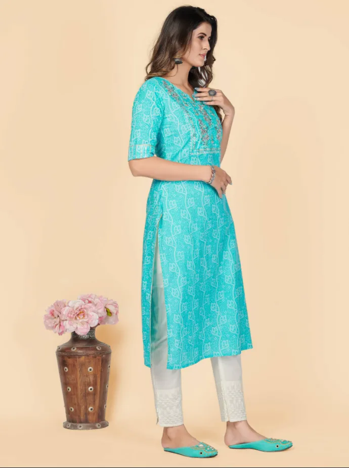 Women'S Printed & Embroidered Straight Cotton Sky Blue Stitched Kurta (1Pc)