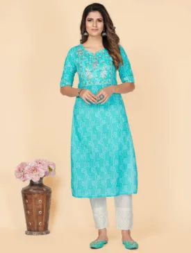 Women'S Printed & Embroidered Straight Cotton Sky Blue Stitched Kurta (1Pc)