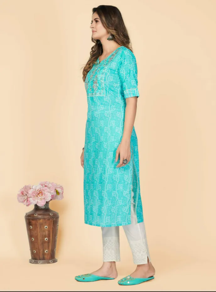 Women'S Printed & Embroidered Straight Cotton Sky Blue Stitched Kurta (1Pc)