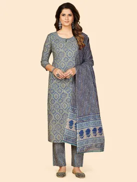 Women'S Printed & Gota Patti Work Straight Cotton Blue Stitched Kurta Pant With Dupatta