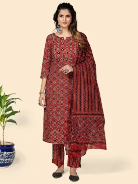 Women'S Printed & Gota Patti Work Straight Cotton Red Stitched Kurta Pant With Dupatta