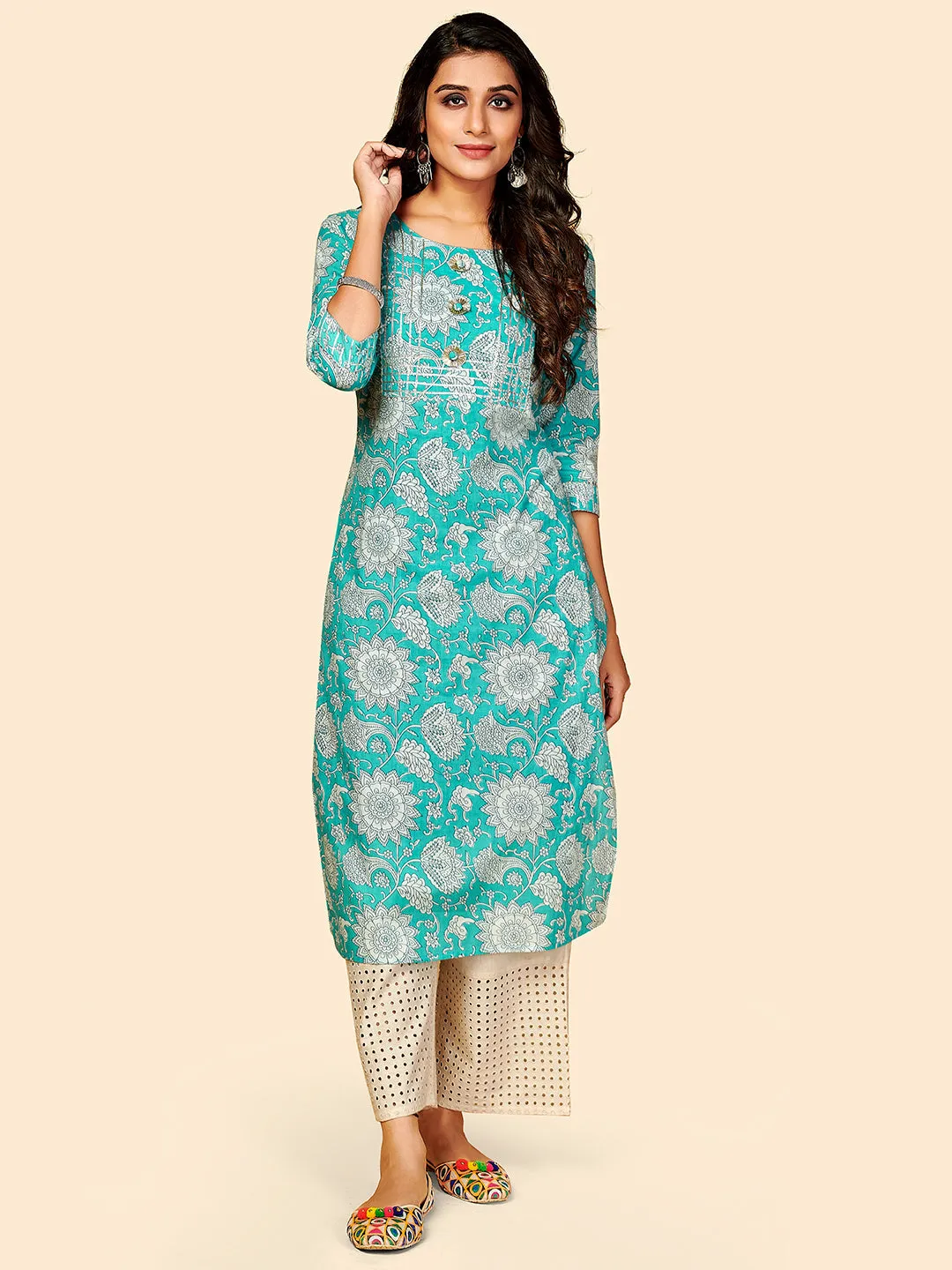 Women'S Printed & Gota Patti Work Straight Cotton Sky Blue Stitched Kurta