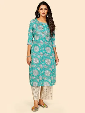 Women'S Printed & Gota Patti Work Straight Cotton Sky Blue Stitched Kurta