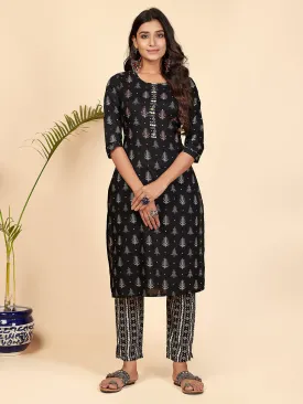 Women'S Printed & Hand Work Straight Cotton Black Stitched Kurta With Pant