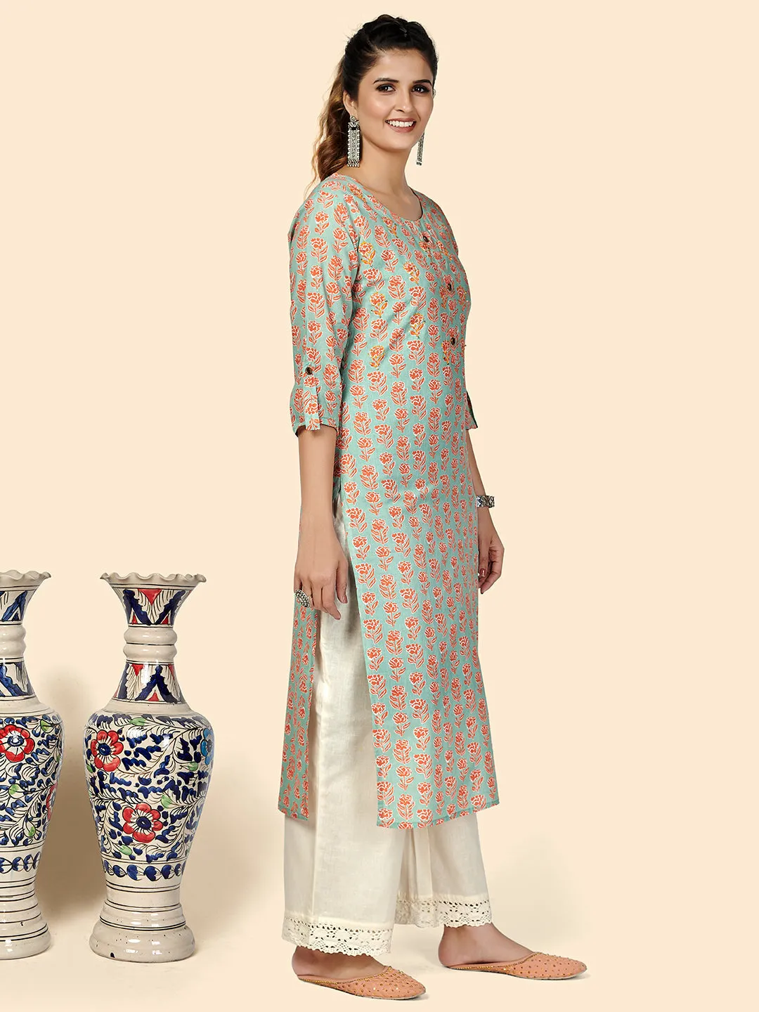 Women'S Printed & Hand Work Straight Cotton Green Stitched Kurta