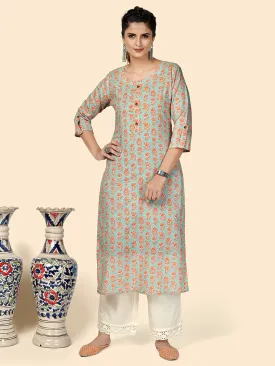 Women'S Printed & Hand Work Straight Cotton Green Stitched Kurta