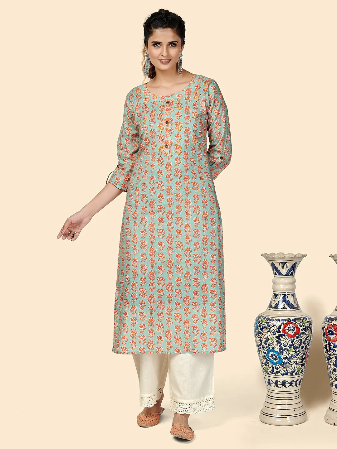 Women'S Printed & Hand Work Straight Cotton Green Stitched Kurta