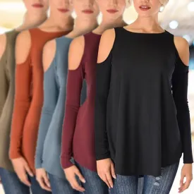 Women's Ribbed Cold-Shoulder Long-Sleeve Top - Assorted Sizes